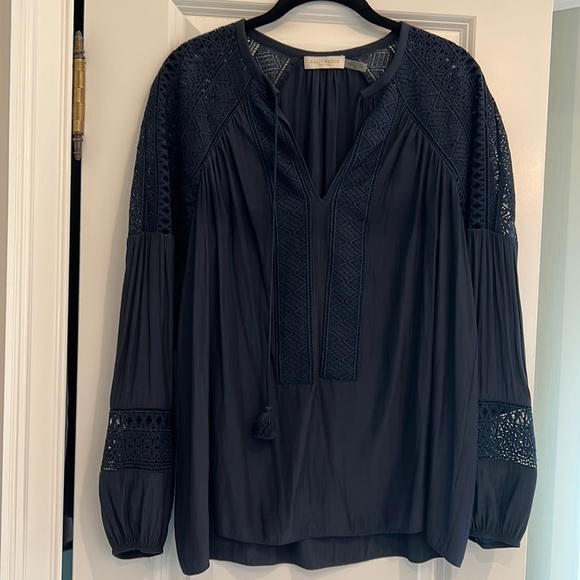 RAMY BROOK navy silk blouse with open crochet detail - Picture 1 of 7